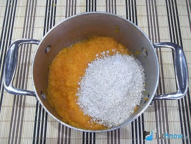 Pumpkin puree and oat crumbs combined in a kneading bowl