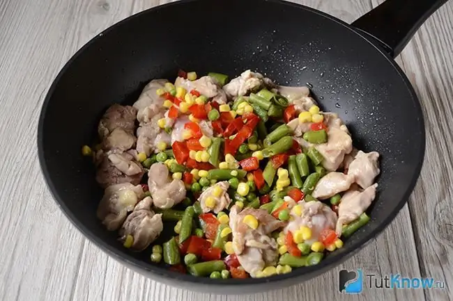 Mix of vegetables and chicken in a pan