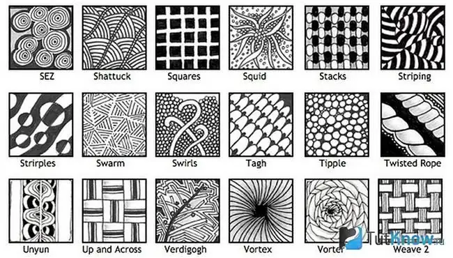 Zentangle texnikasi yordamida qilingan naqshlar uchun bir nechta variant