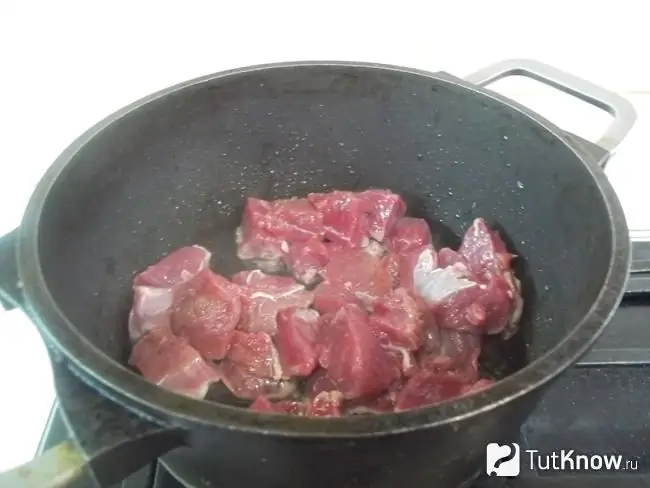 The meat is fried in a saucepan