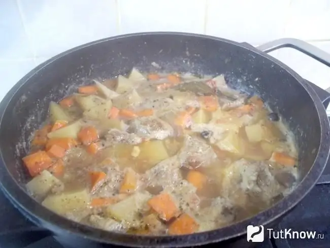 Ready veal with potatoes and carrots in spices with adjika