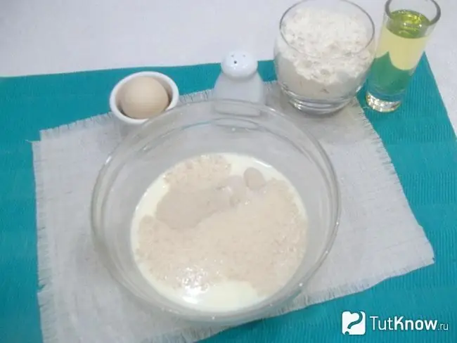 Yeast is poured into warm milk and mixed