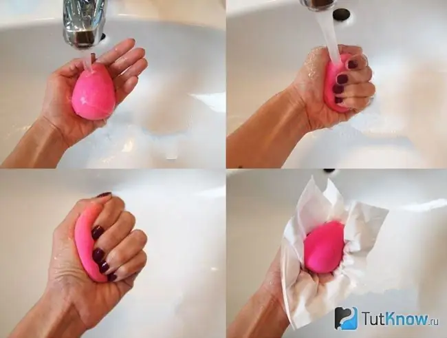 The beauty blender is washed under running water